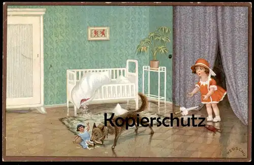 ALTE KÜNSTLER POSTKARTE HUND ZERSTÖRT PUPPE VON KIND HERSCHU enfant girl jeune fille child dog chien Humor humour