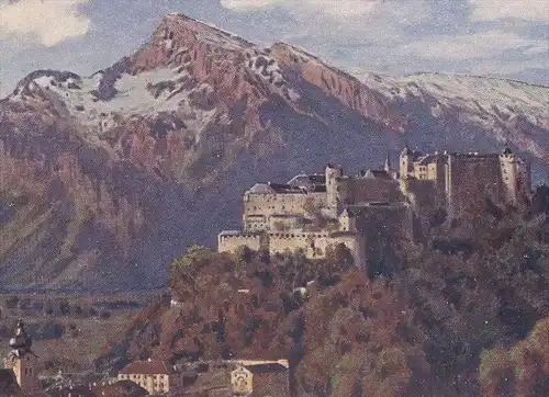 ALTE WIRO KÜNSTLER POSTKARTE SALZBURG FESTUNG & UNTERSBERG Verlag Kunsthandlung Mora postcard cpa AK Ansichtskarte