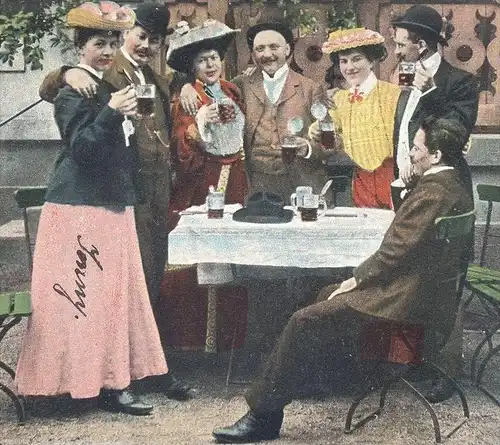 ALTE POSTKARTE EIN DONNERNDES HOCH ZUM GEBURTSTAG 1906 Geburtstagskarte Bier Alkohol Bowle beer birthday women drinking