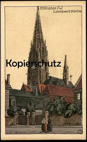 ALTE POSTKARTE MÜNSTER LAMBERTIKIRCHE KÜNSTLERSTEINZEICHNUNG STEINZEICHNUNG STEINDRUCK Muenster cpa postcard AK