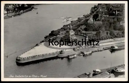 ALTE POSTKARTE KOBLENZ DAS DEUTSCHE ECK AN RHEIN U. MOSEL FLIEGERAUFNAHME Frachtschiff Schiff Freightship Cargo Ship cpa