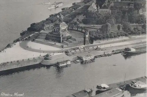 ALTE POSTKARTE KOBLENZ DAS DEUTSCHE ECK AN RHEIN U. MOSEL FLIEGERAUFNAHME Frachtschiff Schiff Freightship Cargo Ship cpa