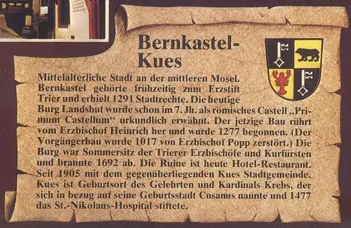 POSTKARTE BERNKASTEL-KUES WAPPEN & GESCHICHTE CHRONIK CHRONIKKARTE chronique chronicle storycard Ansichtskarte cpa AK