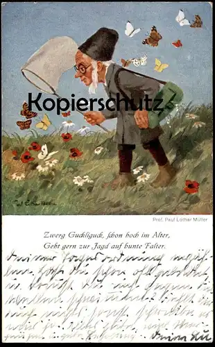 ALTE KÜNSTLER POSTKARTE ZWERG GUCKLIGUCK JAGD SCHMETTERLING PAUL LOTHAR MÜLLER BUTTERFLY HUNTING Dwarf Midget