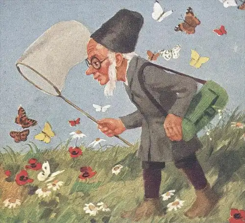 ALTE KÜNSTLER POSTKARTE ZWERG GUCKLIGUCK JAGD SCHMETTERLING PAUL LOTHAR MÜLLER BUTTERFLY HUNTING Dwarf Midget