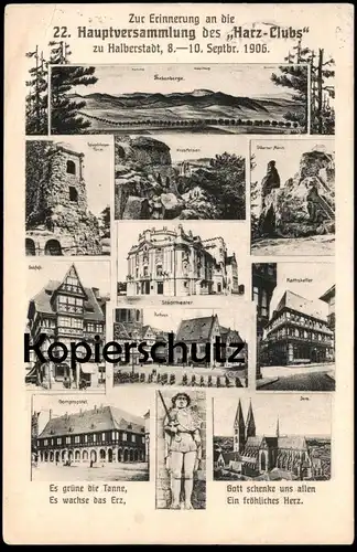 ALTE POSTKARTE ERINNERUNG AN DIE HAUPTVERSAMMLUNG DES HARZ-CLUBS IN HALBERSTADT 1906 Harz-Club Karte an Auswanderer