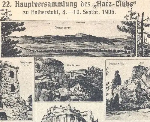 ALTE POSTKARTE ERINNERUNG AN DIE HAUPTVERSAMMLUNG DES HARZ-CLUBS IN HALBERSTADT 1906 Harz-Club Karte an Auswanderer