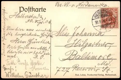 ALTE POSTKARTE ERINNERUNG AN DIE HAUPTVERSAMMLUNG DES HARZ-CLUBS IN HALBERSTADT 1906 Harz-Club Karte an Auswanderer