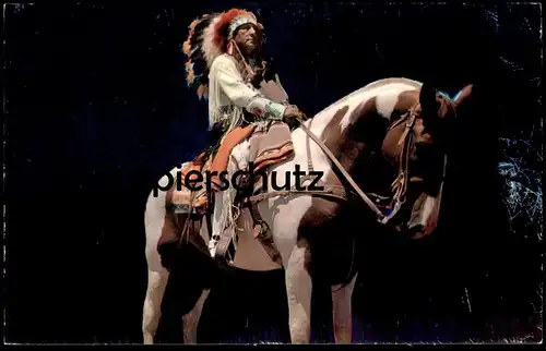 POSTKARTE INDIAN CHIEF TRUSTY PAINT ON WHITE HORSE Indianer Indians Indien Kopfschmuck feather headdress Pferd postcard