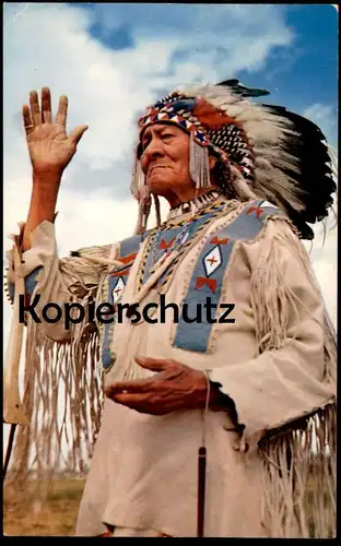 POSTKARTE INDIAN CHIEF BULL GREETING Salutation Indianer Indians Indien Kopfschmuck feather headdress coiffe postcard AK