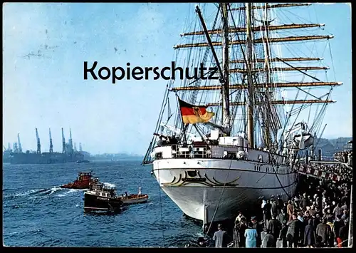 POSTKARTE SEGELSCHULSCHIFF HAFEN HAMBURG Dreimaster three-mastered ship bateau Segelschiff sailing port postcard cpa