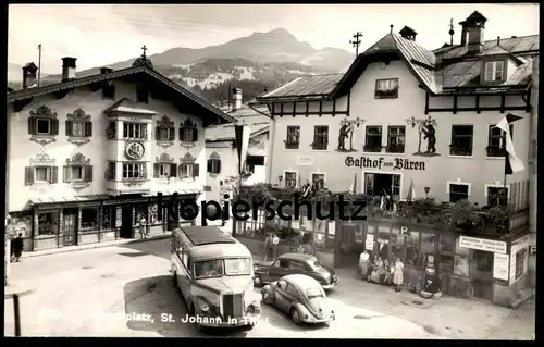 ÄLTERE POSTKARTE SANKT JOHANN IN TIROL ST. HAUPTPLATZ BUS TANKSTELLE VW KÄFER Coccinelle filling petrol station gasolin