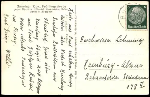 ALTE POSTKARTE GARMISCH PARTENKIRCHEN FRÜHLINGSSTRASSE 1938 Zugspitze postcard cpa Ansichtskarte