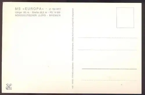 POSTKARTE SCHIFF MS EUROPA NORDDEUTSCHER LLOYD BREMEN Motorschiff ship bateau Max Vogt-Vilseck postcard Ansichtskarte