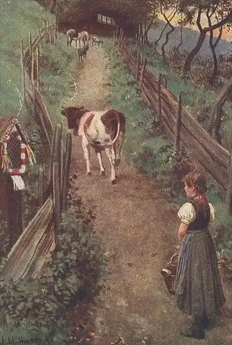 ALTE KÜNSTLER POSTKARTE AM ABEND SIGN. H. HOFFMANN SCHWARZWALD SCHWARZWALDSERIE Tracht traditional costume Kuh cow vache