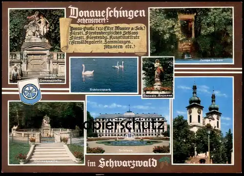 ÄLTERE POSTKARTE DONAUESCHINGEN SEHENSWERT MARMORGRUPPE DONAUQUELLE JUNGE DONAU HANSELE-BRUNNEN SCHLOSS Schwan swan