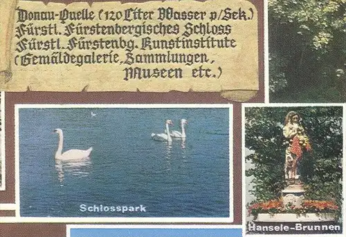 ÄLTERE POSTKARTE DONAUESCHINGEN SEHENSWERT MARMORGRUPPE DONAUQUELLE JUNGE DONAU HANSELE-BRUNNEN SCHLOSS Schwan swan