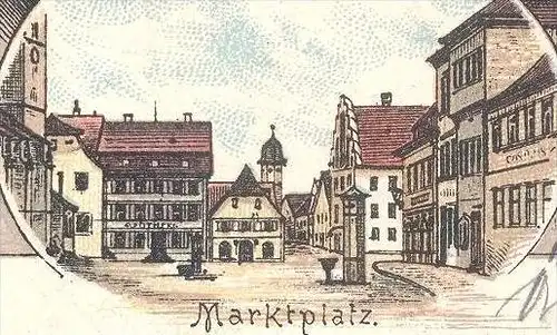 ALTE LITHO-POSTKARTE GRUSS AUS GEROLZHOFEN 1897 Rentamtsgebäude Bahnhof Marktplatz Bezirksamtsgebäude cpa postcard AK