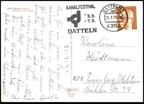 ÄLTERE POSTKARTE DATTELN SCHLEUSE AM HAFEN FRACHTSCHIFF STEMPEL KANALFESTIVAL 1975 cargo ship sluice écluse cpa postcard