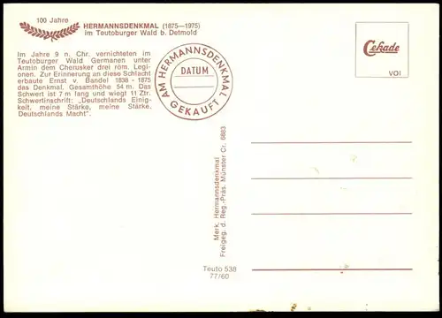 ÄLTERE POSTKARTE 100 JAHRE HERMANNSDENKMAL TEUTOBURGER WALD DETMOLD 1875-1975 postcard cpa Ansichtskarte AK
