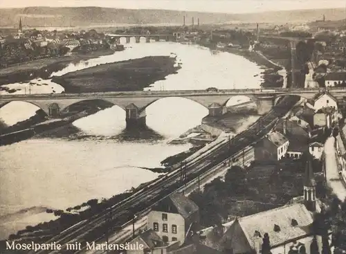 ALTE POSTKARTE TRIER MOSELPARTIE MIT MARIENSÄULE 1932 Eisenbahn Railway chemin de fer cpa postcard Ansichtskarte AK