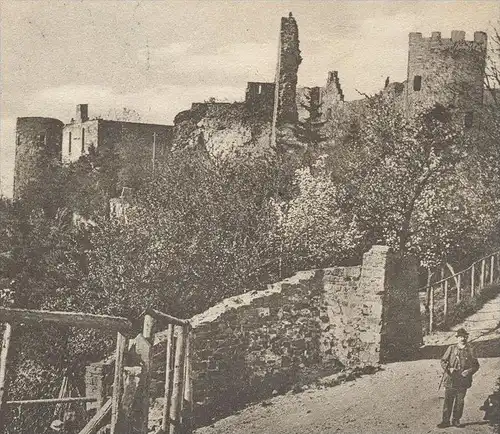 ALTE POSTKARTE BAD MÜNSTEREIFEL BURGRUINE Ruine Wanderer hiker migrant ruin Muenstereifel cpa postcard AK Ansichtskarte