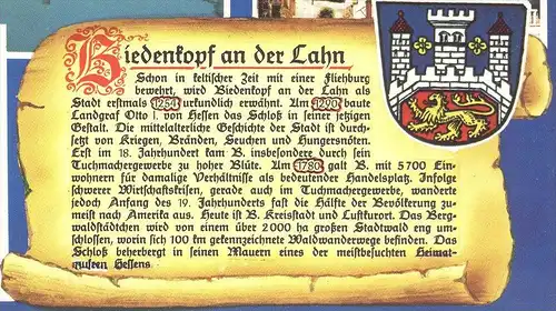 ÄLTERE POSTKARTE BIEDENKOPF LAHN WAPPEN & GESCHICHTE CHRONIK Chronikkarte chronique chronicle storycard cpa postcard AK