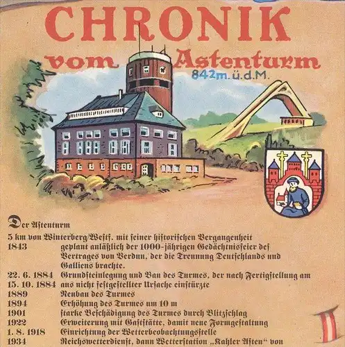 POSTKARTE CHRONIK VOM ASTENTURM WINTERBERG KAHLER ASTEN WAPPEN GESCHICHTE Chronikkarte chronique chronicle storycard