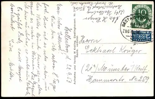 ÄLTERE POSTKARTE SOMMERFRISCHE HALLENBERG HOCHSAUERLAND FACHWERK 1953 Bahnpost-Stempel Zug 1496 Bestwig - Frankfurt cpa