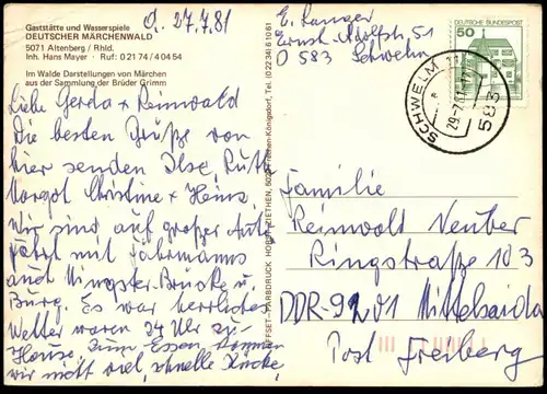 POSTKARTE DEUTSCHER MÄRCHENWALD ALTENBERG RHEINLAND WASSERSPIELE BRÜDER GRIMM Odenthal Märchen fairy tale fable postcard