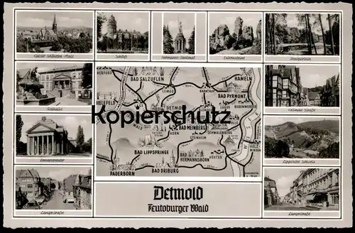 ÄLTERE POSTKARTE DETMOLD LANDKARTE LANGESTRASSE HERMANNSDENKMAL KRUMME STRASSE RATHAUS THEATER map carte géographique