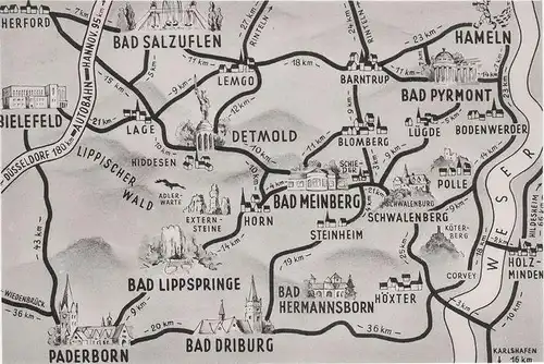 ÄLTERE POSTKARTE DETMOLD LANDKARTE LANGESTRASSE HERMANNSDENKMAL KRUMME STRASSE RATHAUS THEATER map carte géographique