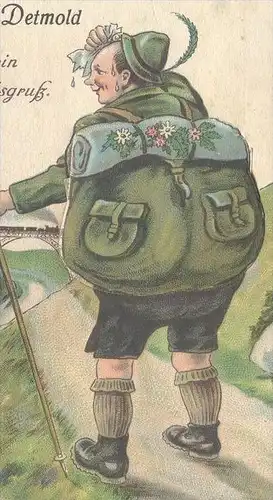 ALTE POSTKARTE DETMOLD SYSTEMKARTE WANDERER 1928 ANSICHTSGRUSS LEPORELLO Rucksack carte à systeme postcard Ansichtskarte