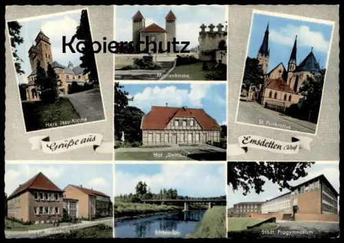 ÄLTERE POSTKARTE GRÜSSE AUS EMSDETTEN HOF DEITMAR PROGYMNASIUM REALSCHULE KIRCHE Schule school church postcard cpa AK