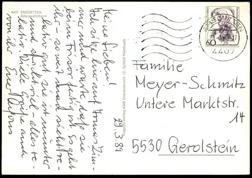 POSTKARTE EMSDETTEN ALTENWOHNHEIM ALTENHEIM Wohnheim Wohnstift Stift Pflegeheim Schachbrett Schach chess échecs cpa