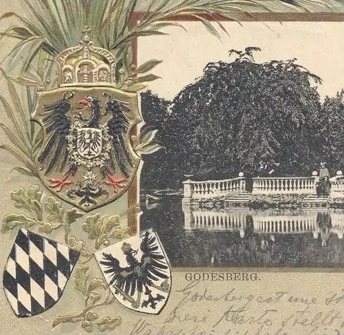 ALTE PRÄGE POSTKARTE BAD GODESBERG PARTIE AUS DEM KURPARK 1901 Bonn Wappen vergoldet Embossed card gaufree Blason cpa AK