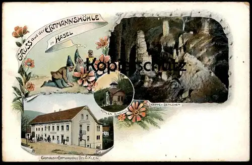 ALTE LITHO-POSTKARTE GRUSS AUS DER ERDMANNSHÖHLE IN HASEL ZWERG ZWERGE HÖHLE Krippe Crib dwarf midget nain grotte cave