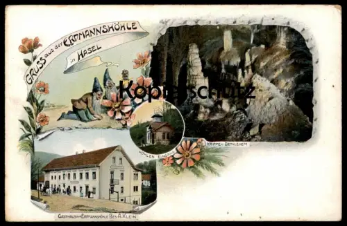 ALTE LITHO-POSTKARTE GRUSS AUS DER ERDMANNSHÖHLE IN HASEL ZWERG ZWERGE HÖHLE Krippe Crib dwarf midget nain grotte cave