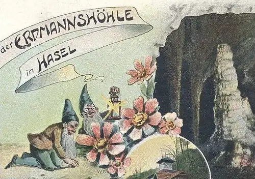 ALTE LITHO-POSTKARTE GRUSS AUS DER ERDMANNSHÖHLE IN HASEL ZWERG ZWERGE HÖHLE Krippe Crib dwarf midget nain grotte cave