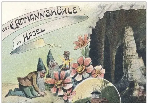 ALTE LITHO-POSTKARTE GRUSS AUS DER ERDMANNSHÖHLE IN HASEL ZWERG ZWERGE HÖHLE Krippe Crib dwarf midget nain grotte cave