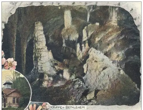 ALTE LITHO-POSTKARTE GRUSS AUS DER ERDMANNSHÖHLE IN HASEL ZWERG ZWERGE HÖHLE Krippe Crib dwarf midget nain grotte cave