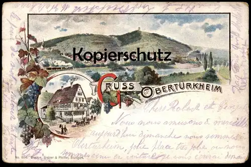 ALTE LITHO-POSTKARTE GRUSS AUS OBERTÜRKHEIM GASTHOF ZUM OCHSEN Stuttgart Zug Dampflok Panorama train railway postcard AK