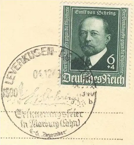 ALTE POSTKARTE LEVERKUSEN WIESDORF RHEINANSICHT 1940 SONDERSTEMPEL LEVERKUSEN ERINNERUNGSFEIER EMIL VON BEHRING MARBURG