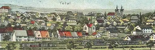 ALTE LITHO POSTKARTE GRUSS AUS DONAUESCHINGEN TOTAL BEZIRKSAMT SCHLOSS EVANGELISCHE KIRCHE DONAUQUELLE cpa postcard AK