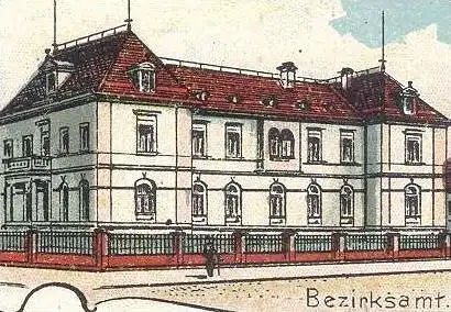 ALTE LITHO POSTKARTE GRUSS AUS DONAUESCHINGEN TOTAL BEZIRKSAMT SCHLOSS EVANGELISCHE KIRCHE DONAUQUELLE cpa postcard AK