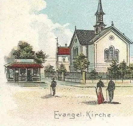 ALTE LITHO POSTKARTE GRUSS AUS DONAUESCHINGEN TOTAL BEZIRKSAMT SCHLOSS EVANGELISCHE KIRCHE DONAUQUELLE cpa postcard AK