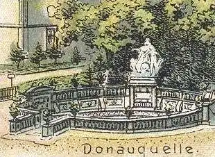 ALTE LITHO POSTKARTE GRUSS AUS DONAUESCHINGEN TOTAL BEZIRKSAMT SCHLOSS EVANGELISCHE KIRCHE DONAUQUELLE cpa postcard AK