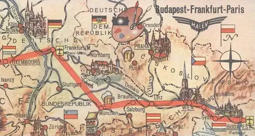 ÄLTERE POSTKARTE AIRLINE HUNGARIAN AIR TRANSPORT MALEV ROUTE BUDAPEST-FRANKFURT-PARIS Aviation GDR Luxembourg map AK cpa