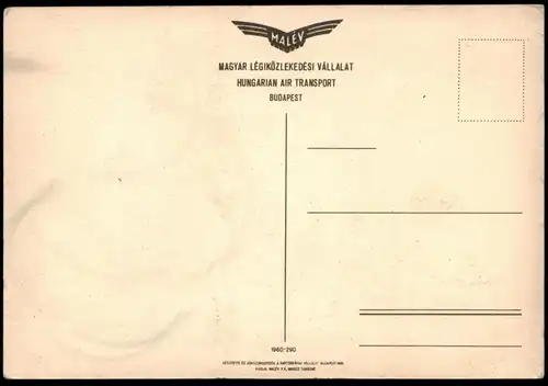 ÄLTERE POSTKARTE AIRLINE HUNGARIAN AIR TRANSPORT MALEV ROUTE BUDAPEST-FRANKFURT-PARIS Aviation GDR Luxembourg map AK cpa