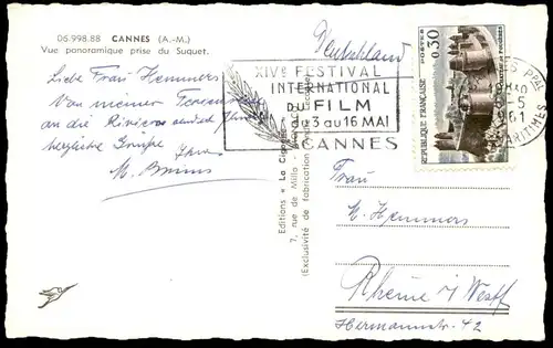 ÄLTERE POSTKARTE CANNES VUE PANORAMIQUE CARDINAL GERLIER SONDERSTEMPEL FESTIVAL INTERNATIONAL DU FILM 1961 Stempel Stamp